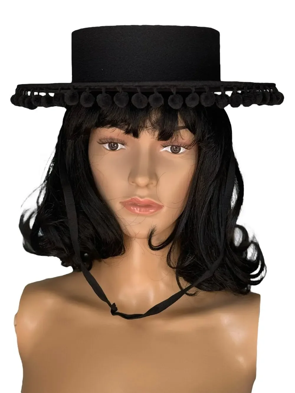Vintage Black Cordobes, flamenco, Equestrian Hat with wide brim and pom poms - Picture 1 of 12